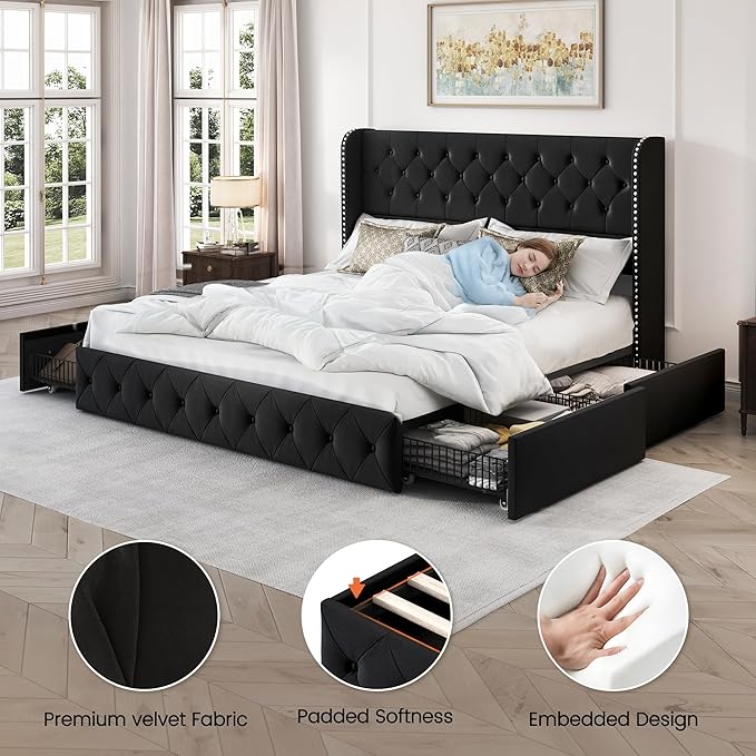 LARMACE King Size Bed Frame with 4 Storage Drawers and 47.2" Tall Tufted Headboard Velvet Upholstered Platform Bed Frame Wingback Beds with Wooden Slats Support, Easy Assembly, Black
