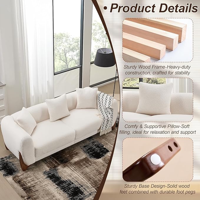 87" Sherpa Boucle 3 Seater Sofa Modern Cloud Couch with Solid Wood Legs, 25in Extra Deep Seat, Comfy Thick Cushion Upholstered Sofa Couches with 3 Pillows for Living Room, White