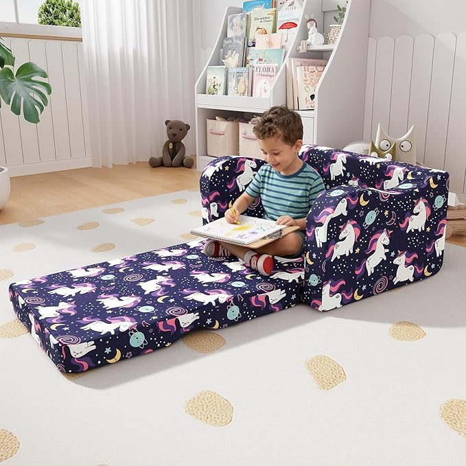 MeMoreCool Kids Folding Couch – Purple Unicorn Toddler Chair, Fold-Out 2-in-1 Sofa Bed Comfy Foam Seating, Washable Cover, Armrests & Side Pocket for Playroom or Nursery Ages 1–3