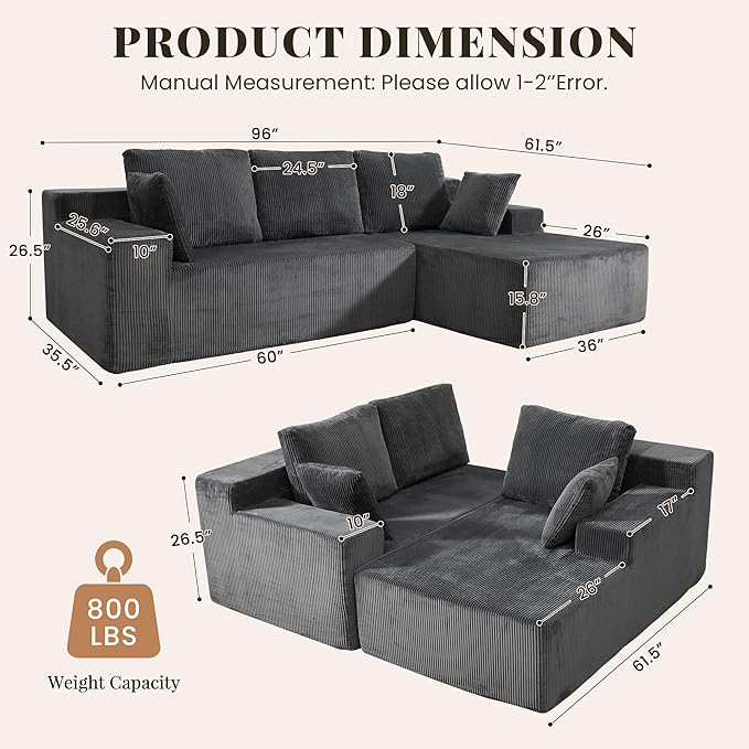 Cloud Sectional Boneless Couches for Living Room, Modular L Shaped Couch with Deep Seat Oversized Right Facing Chaise, Memory Foam Compressed Spineless 3 Seater Sofa for Apartment, Grey | No Assembly Required, Deep Seat, Cat-Claw Resistant, High-Resili...