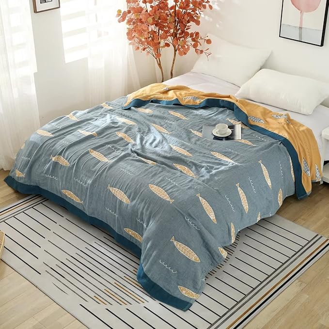 Boho Throw Blanket for Bed 100% Cotton Ultra Soft Rustic Quilt Spring Blanket Fish Farmhouse Decor Bed Blankets,60"x80" All Season Rustic Throw for Sofa Couch Chair