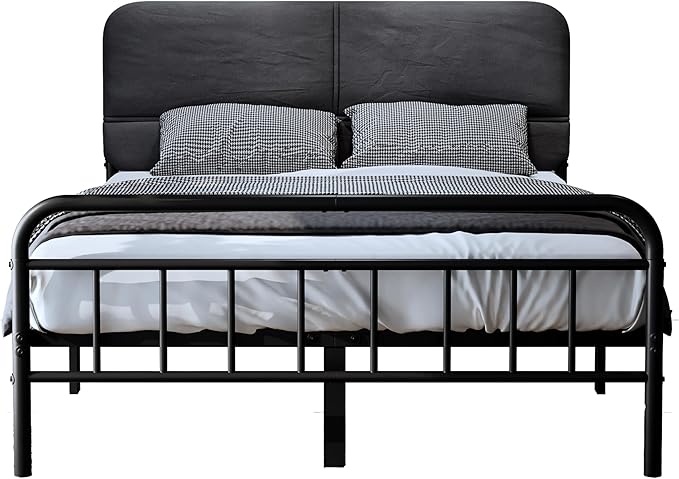 14Inch Metal Bed Frame,Queen Size Bed Frame with Upholstered Headboard,Heavy Duty Sturdy Mattress Foundation,Easy Assembly,No Box Spring Needed,Grey-Queen