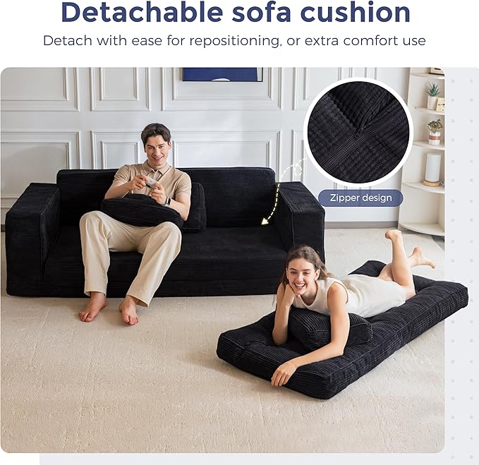 MAXYOYO Convertible Sofa Bed, Pull Out Oversized Loveseat Sleeper Sofa, 2 in 1 Folding Couch Bed, Fold Out Floor Couch with Pillows for Living Room Bedroom Lounge, Black