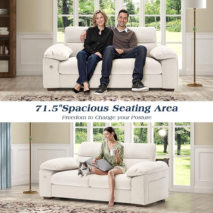 WorthFurni Sofas for Living Room, Chenille Pillow-Armrest Loveseat Couch Set, Small Sofa, 3 Seater Sofa, USB Charging, Removable Sofa Cover, Solid Wood Frame, Easy to Install (71.5 inch, Beige)