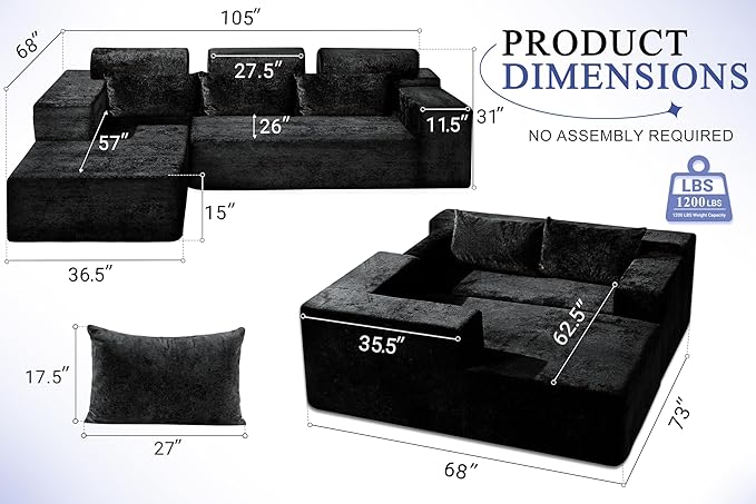 HABUTWAY 105" L-Shape Modular Sectional Sofa Couch for Living Room,No Assembly Required,Modular Comfy Sofa with Deep Seat for Living Room Bedroom,Luxury Distressed Velvet(Left,Black)