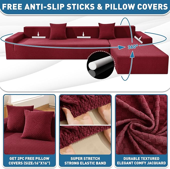 ZNSAYOTX Sectional Couch Covers, Stretch Jacquard Slipcovers with Elastic Bottom for L-Shape Sectional Sofa, 2 Pcs Pet Friendly Modular Sofa Protector (3 Seat Couch + 3 Seat Chaise, Wine Red)