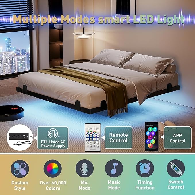 qimamo Floating Queen Bed Frame, 14 Inch Metal Platform Bed with Smart LED Lights & Charging Station, Easy Assembly, No Box Spring Needed