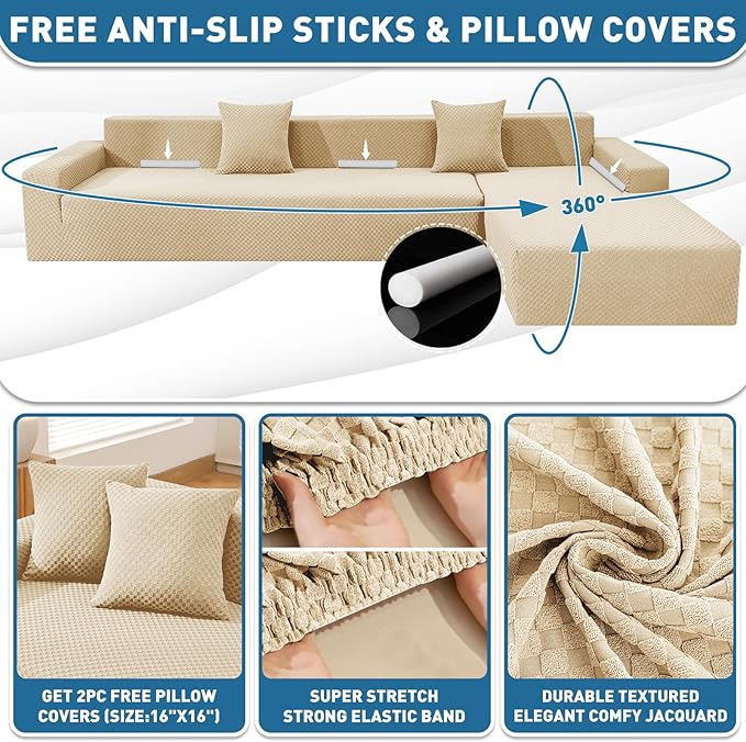 ZNSAYOTX Sectional Couch Covers, Stretch Jacquard Slipcovers with Elastic Bottom for L-Shape Sectional Sofa, 2 Pcs Pet Friendly Modular Sofa Protector (3 Seat Couch + 2 Seat Chaise, Light Beige)