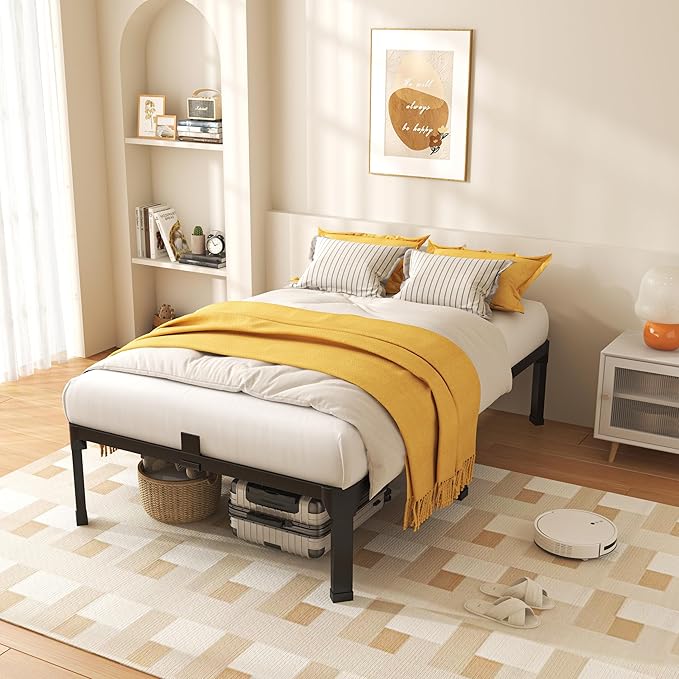 ROIL 18 Inch Twin Size Bed Frame with Mattress Slide Stopper - Single Black Basic Anti Squeak Steel Slats Metal Platform, Heavy Duty Noise Free Easy Assembly Bedframes, No Box Spring Needed