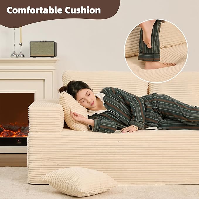 Chaise Lounge Chair, Boneless Couch for Living Room and Bedroom, Set of Sleeper Couches Reading Chairs, Corduroy, White