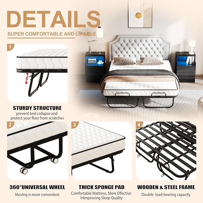 79" x 59" Full Size Folding Bed with Mattress for Adults, 5 Inch Memory Foam Mattress, Portable Foldable Rollaway Guest with Strong Metal & Wood Frame