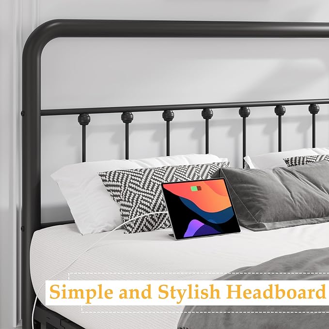 Fluest 14 Inch Queen Bed Frame Classic Metal Platform Bed Frame with Charging Station & LED, Victorian Style Iron-Art Headboard/Footboard, Under Bed Storage, No Box Spring Needed, Noise Free