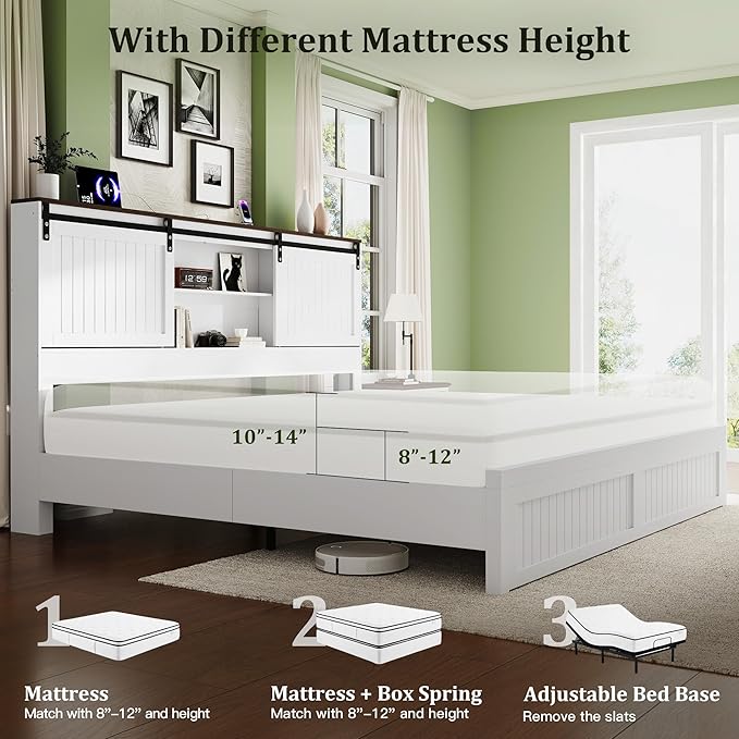 King Size Bed Frame with Storage Headboard, Sliding Barn Door, Wood Platform Bed with Reading Light and Charging Station, Wood Slats Support, Easy Assembly, Noise-Free, Antique White