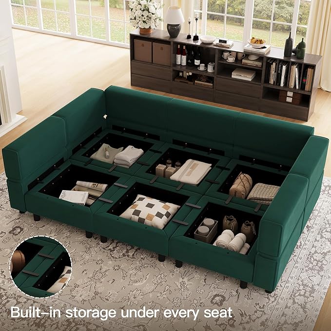 Belffin Modular Velvet Sectional Sofa with Chaise Lounge Sectional Sleeper Sofa with Storage Chaise Bed Couch for Living Room Green