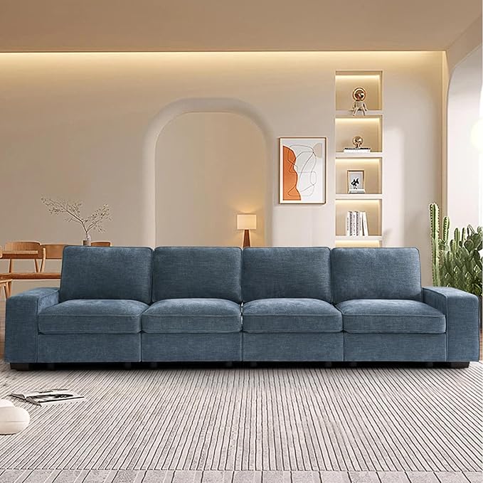 TEKAMON 128" Modular Sofa Couch with Seat Storage, Modern Comfy 4-Seater Long Couch for Living Room, Office, Apart, Chenille Sofa, Wide Armrest, USB Charging, Pockets, Washable Covers (Blue)
