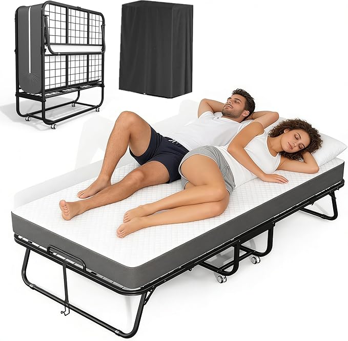 SUNCROWN Folding Bed with Mattress, 75” x 38” Portable Rollaway Bed, Space-Saving Sturdy Metal Frame, Fold up Bed with 5" Memory Foam Mattress