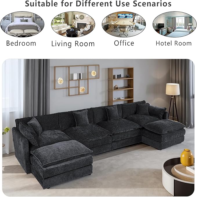 Setawix Deep 4 Seater Couch with Ottomans,147.22" U-Shaped Cloud Couches for Living Room,Chenille Cloud Sofa Couch with Foorest,Modular Sectional U Shape 4 Seat Sofa for Bedroom (Black, 4+2)