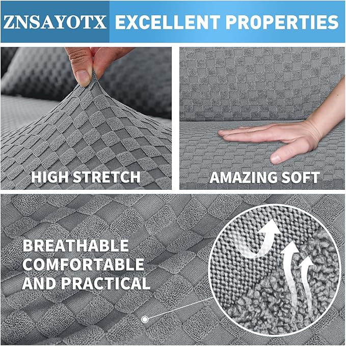ZNSAYOTX Sectional Couch Covers, Stretch Jacquard Slipcovers with Elastic Bottom for L-Shape Sectional Sofa, 2 Pcs Pet Friendly Modular Sofa Protector (3 Seat Couch + 3 Seat Chaise, Light Grey)