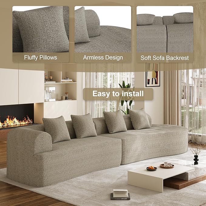 147" Oversized Sectional Sofa for Living Room, Large Modern Chenille Curved Cloud Couch, Luxury Plush 6-Seater Extra Deep Seat Boucle Boneless Couch, No Assembly Required, Light Brown