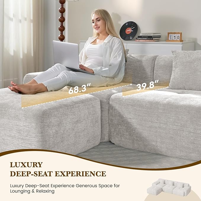 122" L Shaped Convertible Modular Couch, Cloud Couch Sectional with Ottoman, 4-Seater Chenille Boneless Couches for Living Room, Apartment, No Assembly, Beige 1PCS | With Ottoman, 4-Seater, Chenille Boneless, No Assembly, 1PCS