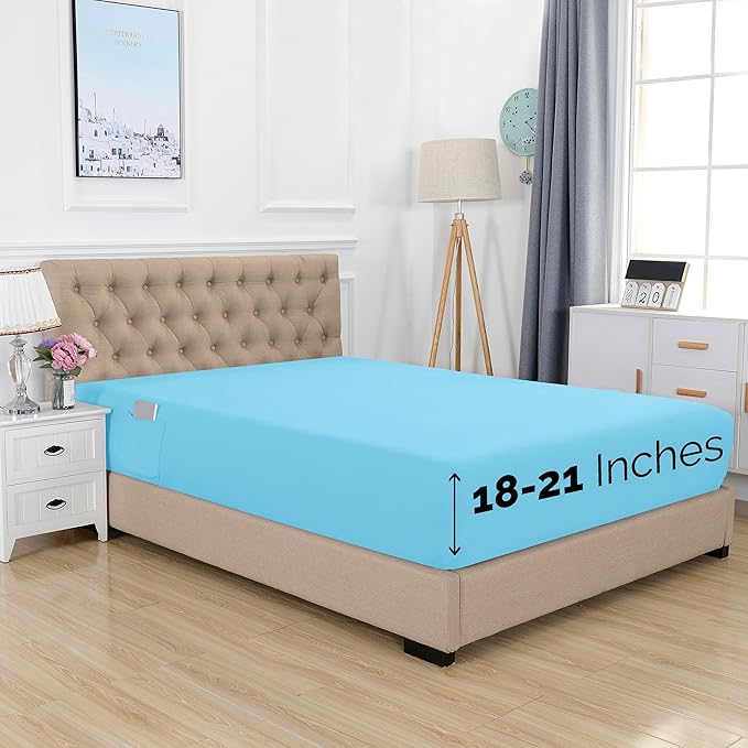 Elegant Comfort 1500 Premium Hotel Quality 18-21 Inches Deep - Extra Deep Pocket Single Fitted Sheet for High Mattress, Luxury and Softest, Smart Pocket - Wrinkle Free, Queen, Aqua Blue