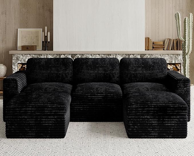 Belffin Boneless Modular Cloud Sectional Couch with Deep Seat Plush Corduroy 3-Seater Boneless U Shaped Couch with Ottoman No Assembly Required. Black Sofa
