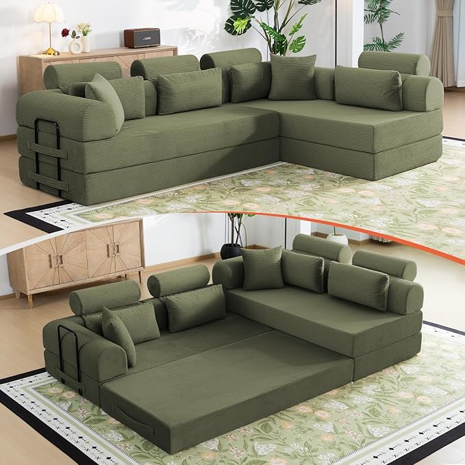 106" L-Shaped Modular Boneless Couch, 2-Piece System (2×70.87"), Convertible Sectional to 141.7" Straight Sofa, Corduroy Couch in a Box, Headrest & Back Pillows for Living Room, Olive Green