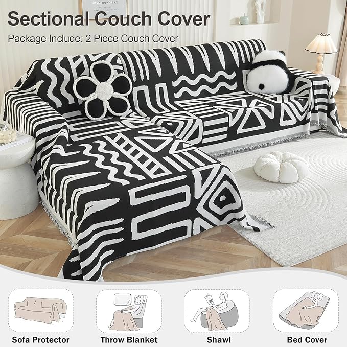 OstepDecor Boho Sectional Couch Covers 2 Pieces, L Shaped Sofa Cover, Chenille Couch Cover for Dogs Washable, Couch Cover Blanket, Sofa Slipcover for 2-3 Cushion Couch (71"x102"+71"x118", Black)