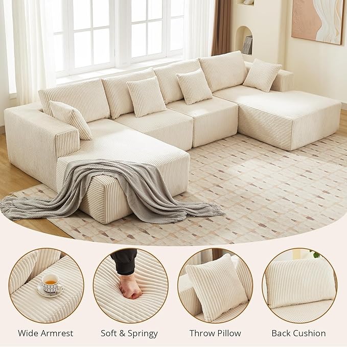 Sectional Cloud Boneless Couch 137" Modern Comfy U-Shaped No Assembly Required Convertible Compression Sleeper Modular Sofa with Corduroy Fabric Deep Seat Single + Chaise for Living Room
