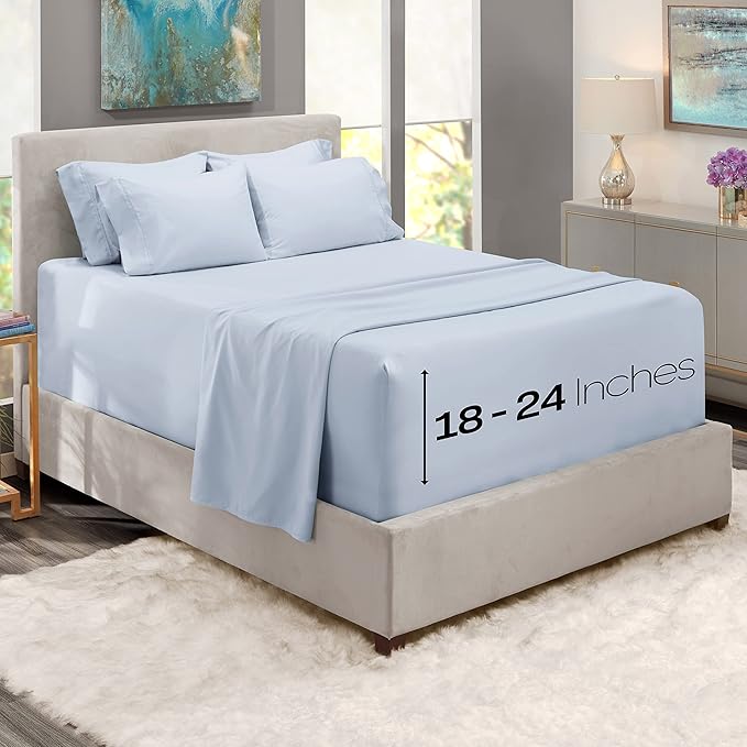 Hearth & Harbor Extra Deep Pocket Sheets - Fits Mattress 18-24 Inches Deep - Extra Deep Pocket Twin XL Sheets Sets - 4 Piece Twin XL Size - Ice Blue