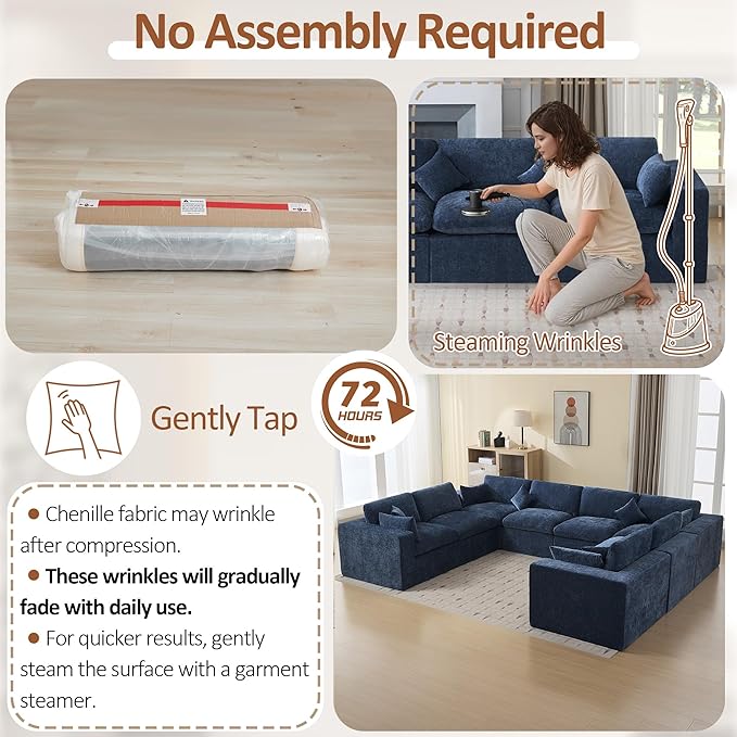 146''Cloud Boneless Sectional Couch, Modular Sectional Sofa Deep Seat, Oversized Upholstered Convertible Comfy 8 Seater Chenille Memory Foam Sofa U Shape Couches for Living Room, Navy