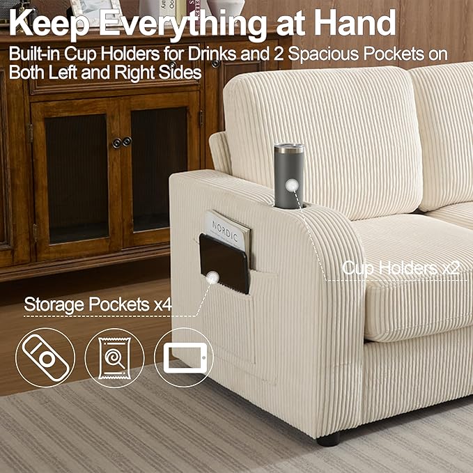 87.4" Oversized 3 Seater Couch,Upholstered Sofa for Living Room,Modern Deep Seat Comfy Loveseat Couches with Cup Holders, Love Seat Sofa Corduroy (Beige)