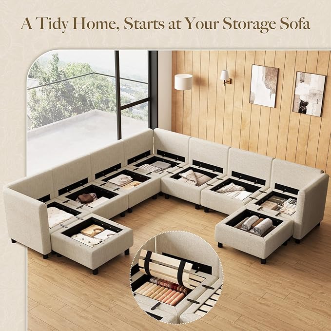 Belffin 107.1" 9 Seats Modular Sectional Sofa U Shaped Couch Big Corner Washable Sectional Couches for Living Room Comfy Couches with Storage Seat Couch Sofas with Chaise,Beige