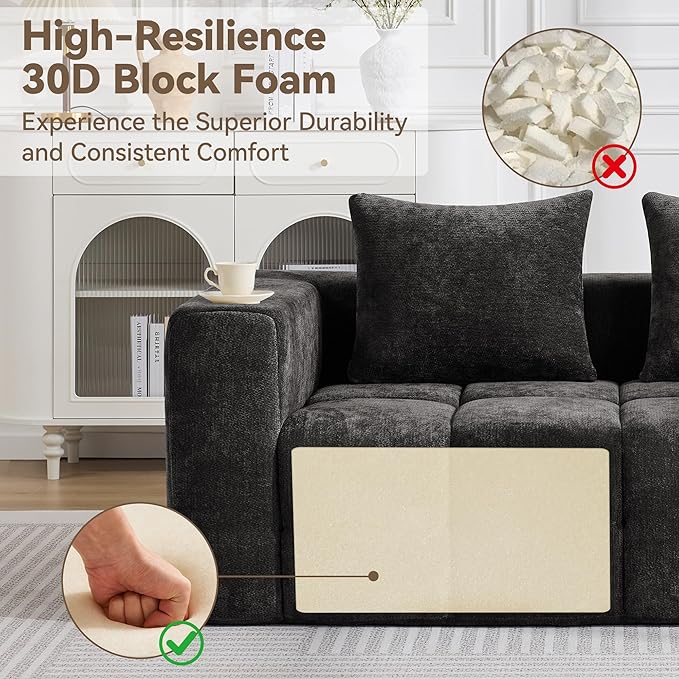 72" Loveseat Boneless Couch, Cloud Sectional Couch with Deep Seat, High-Density Memory Foam and Chaise, Love Seat Sofa, Boneless Couches for Living Room, No Assembly Required Tufted Sofa, Dark Grey