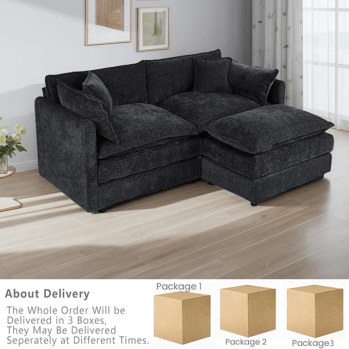 Setawix Deep Loveseat Couch with Ottoman,Large L-Shaped 2 Seater Cloud Couches for Living Room,77.16" Chenille Cloud Sofas with Deep Seat,Modular Sectional 2 Seat Sofa for Bedroom (Black, 2+1)