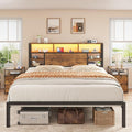 Homkdom King Size Bed Frame with Storage Headboard, LED Lights & Charging Station Heavy Duty Metal Platform Bed for Bedrooms, 1100 LBS Capacity, No Box Spring Needed, Easy Assembly，Vintage Brown