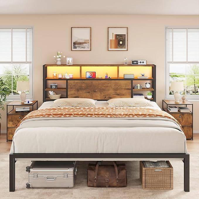 Homkdom King Size Bed Frame with Storage Headboard, LED Lights & Charging Station Heavy Duty Metal Platform Bed for Bedrooms, 1100 LBS Capacity, No Box Spring Needed, Easy Assembly，Vintage Brown