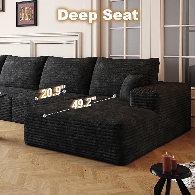 136" Sectional Couches for Living Room Cloud Couch Sofa with L-Shape Upholstered Boneless Couchs Modern Modular Sectional Couch with Chaise (Black, 136" Right Facing Chaise+3Seaters+Ottoman)
