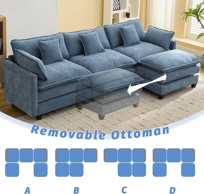 111'' Sectional Cloud Deep Seat Couch, Oversized Chenille U Shaped Sectional Sofa for Living Room Set, Comfy Upholstered Modular 5-Seats Sectional Sofa Couch with 2 Movable Ottoman, Blue