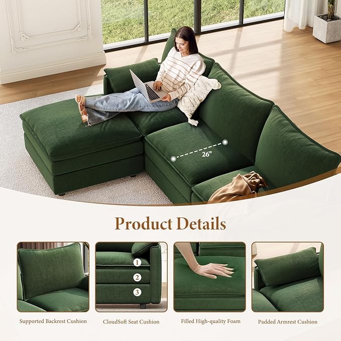 Vesgantti 101" V-Shaped Corner Couch Sectional, 7 Seat Customizable Modular Cloud Couches with Movable Ottoman, Chenille Deep Seat Sofa Set with Chaise for Living Room, Bedroom and Apartment, Green