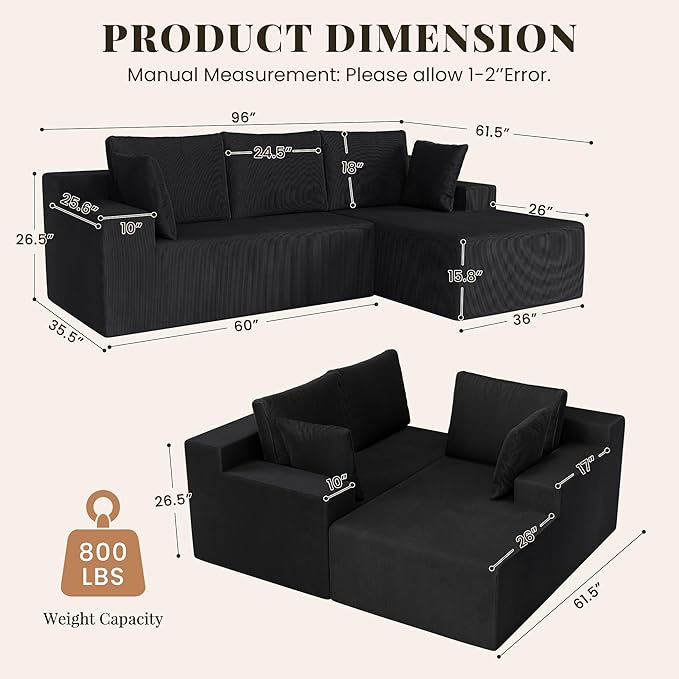 Cloud Sectional Boneless Couches for Living Room, Modular L Shaped Couch with Deep Seat Oversized Right Facing Chaise, Memory Foam Compressed Spineless Sofa for Bedroom, Fine-Striped Black | Washable Covers, Flexible Modular, High-Resilience Foam, Cat-...
