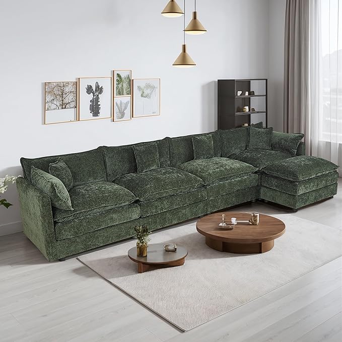 Setawix Deep 4 Seater Couch with Ottoman,147.22" L-Shaped Cloud Couches for Living Room,Chenille Cloud Sofa Couch with Deep Seat,Modular Sectional L Shape 4 Seat Sofa for Bedroom (Green, 4+1)
