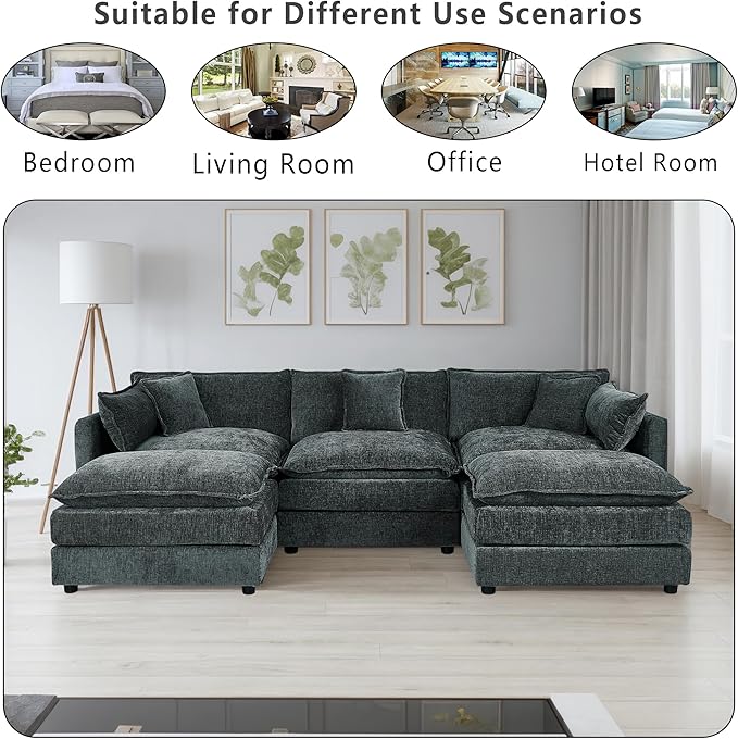 Setawix Deep 3 Seater Couch with Ottomans,112.2" U-Shaped Cloud Couches for Living Room,Chenille Cloud Sofa Couch with Deep Seat,Modular Sectional U Shape 3 Seat Sofa for Bedroom (Grey, 3+2)