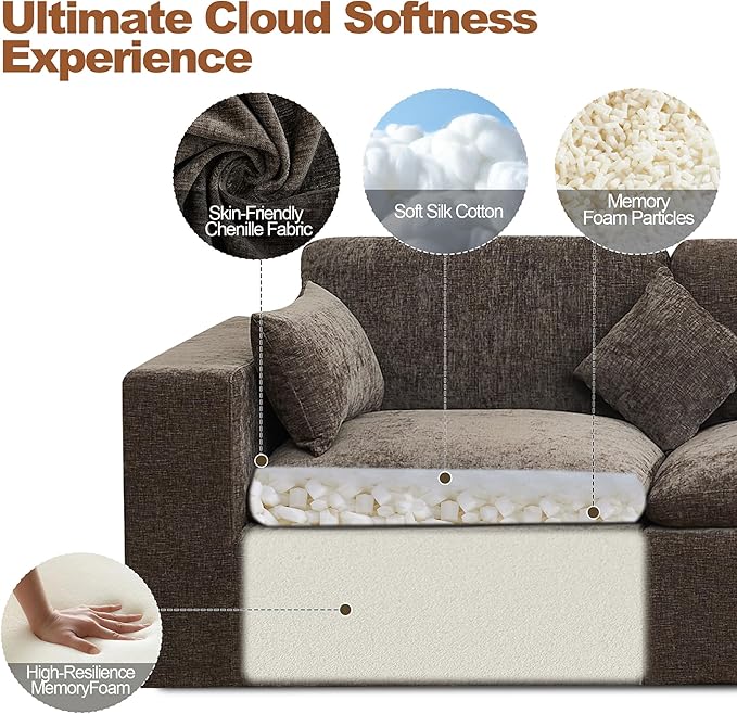 115''Cloud Boneless Sectional Couch, Modular Sectional Sofa Deep Seat, Oversized Upholstered Convertible Comfy 3 Seater Chenille Memory Foam Sofa Couches for Living Room, Brown