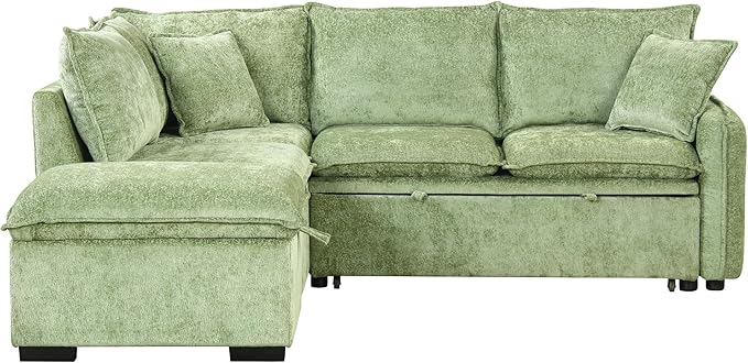 LUMISOL 82.7" Convertible Sleeper Sofa Bed with Storage Ottoman, L-Shaped Sectional Sofa with Pull Out Bed, USB Ports, Chenille Sleeper Sofa Couch with Chaise for Living Room, Green