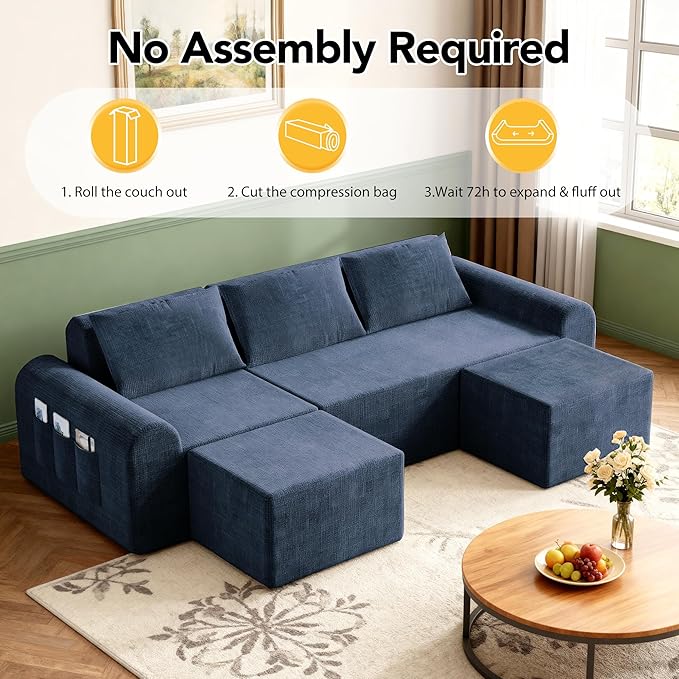 86.6" Cloud Boneless Sectional Sofa for Living Room, 3-Seater Modular Couch for Small Apartments with 2 Ottomans, Deep Seat Chenille Fabric Sofa, No Assembly Required, 72H Full Restore, Blue