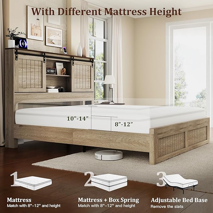 Queen Size Bed Frame with Storage, Sliding Barn Door, Farmhouse Wood Platform Bed with Reading Light and Charging Station, Wood Slats Support, Easy Assembly, Noise-Free, Light Rustic Oak