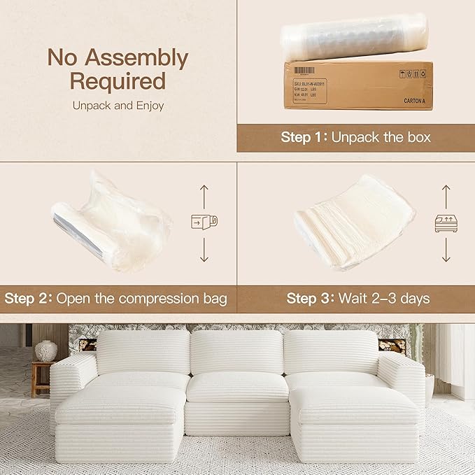 Belffin Boneless Modular Cloud Sectional Couch with Deep Seat Plush Corduroy 3-Seater Boneless U Shaped Couch with Ottoman No Assembly Required. Beige Sofa