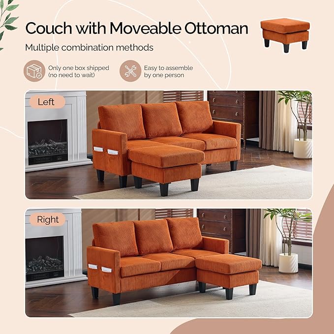 VINGLI 68.5' L Shaped Couch with Movable Storage Ottoman, Convertible Sectional Sofa in Soft Corduroy Fabric, Modern Reversible Chaise Couch for Small Spaces, Apartment, Living Room，Orange