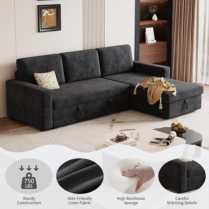 81.5" Convertible L Shaped Sleeper Sofa, 3-Seat Pull Out Sectional Couch with Storage Chaise & Removable Cushions, Chenille Fabric for Small Living Room Apartment, Dark Gray